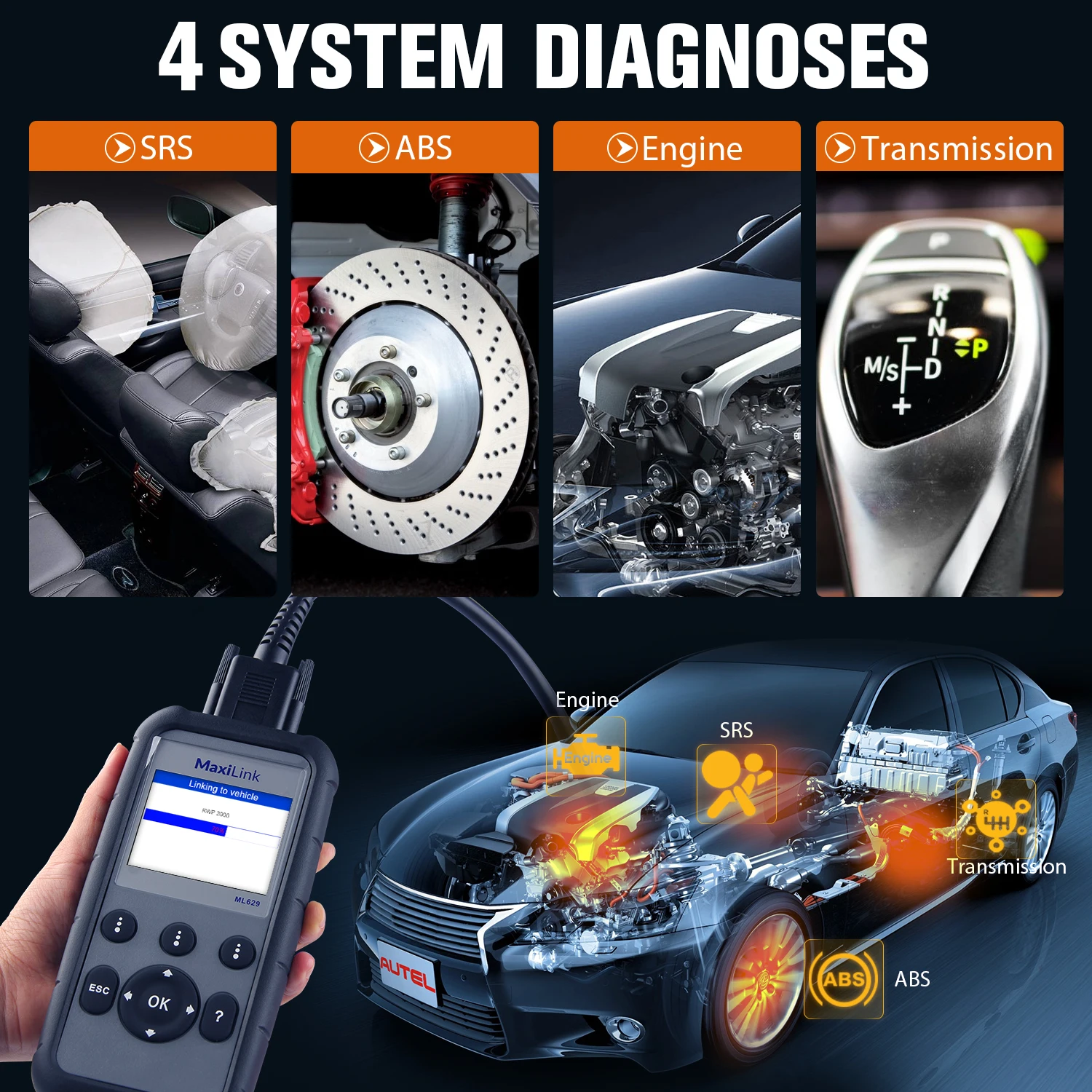 Autel MaxiLink ML629 OBD2 Scanner ABS SRS Engine Transmission Diagnoses OBD II Full Functions PK ML619 for DIYers Professionals |