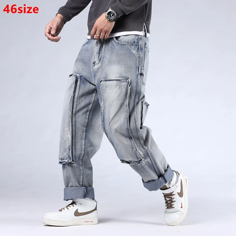 

Multi-pocket jeans men's plus size high waist straight hip hop trousers loose skateboard collapse trousers baggy jeans 44 46