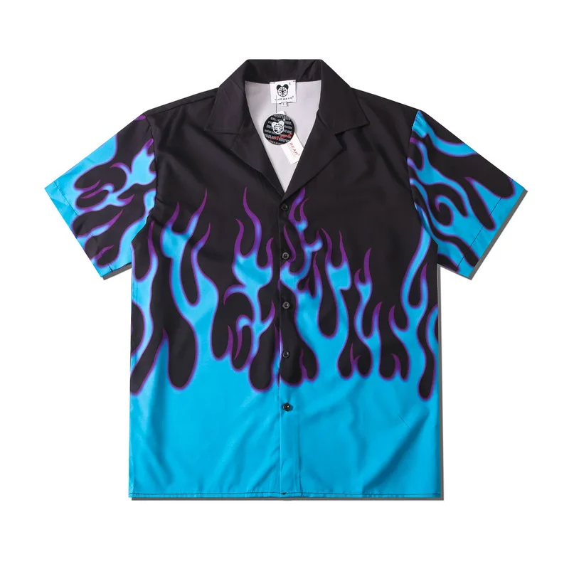

2023 Summer New Men Vintage Flame Print Shirt Fashion Short Sleeve Loose Hawaiian Beach Harajuku Shirts Chemise Hawaiienne Homme