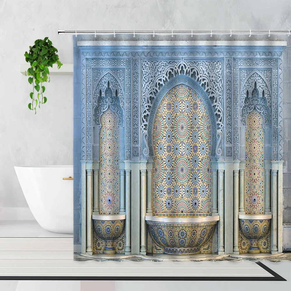 

Синяя занавеска для душа в стиле ретро с марокканской арочной дверью, s Водонепроницаемая штора с узором в виде исламского геометрического ...