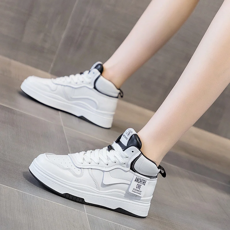2022 Womens Walking Sneakers Women Casual Running White Shoes Breathable Mesh Flat Plush High Top Leather Shoes Sapato Feminino