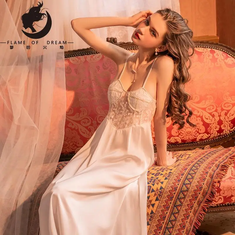 

Flame Of Dream Lace Long Sexy Suspender Nightdress With Bra Female Nightgown 22894
