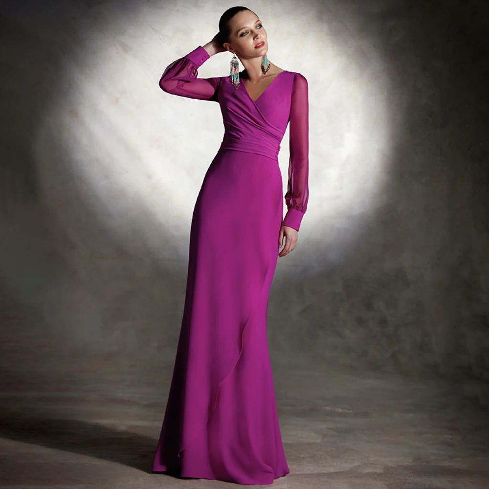 

Women's Evening Dress for Weddings Fuchsia V Neck Mermaid Evening Gown Long Sleeves Trumpet Pleat Buttons Simple Prom Party Gown