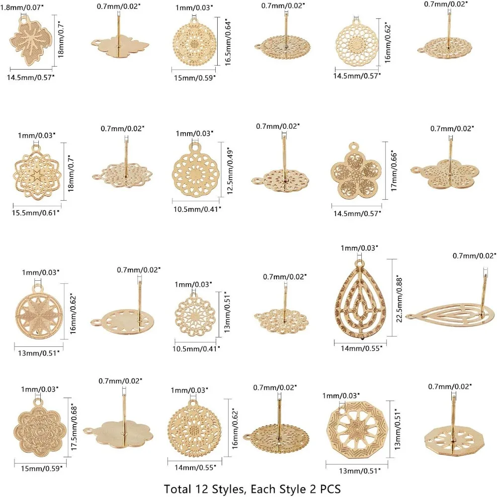 24 шт. серьги-гвоздики из нержавеющей стали