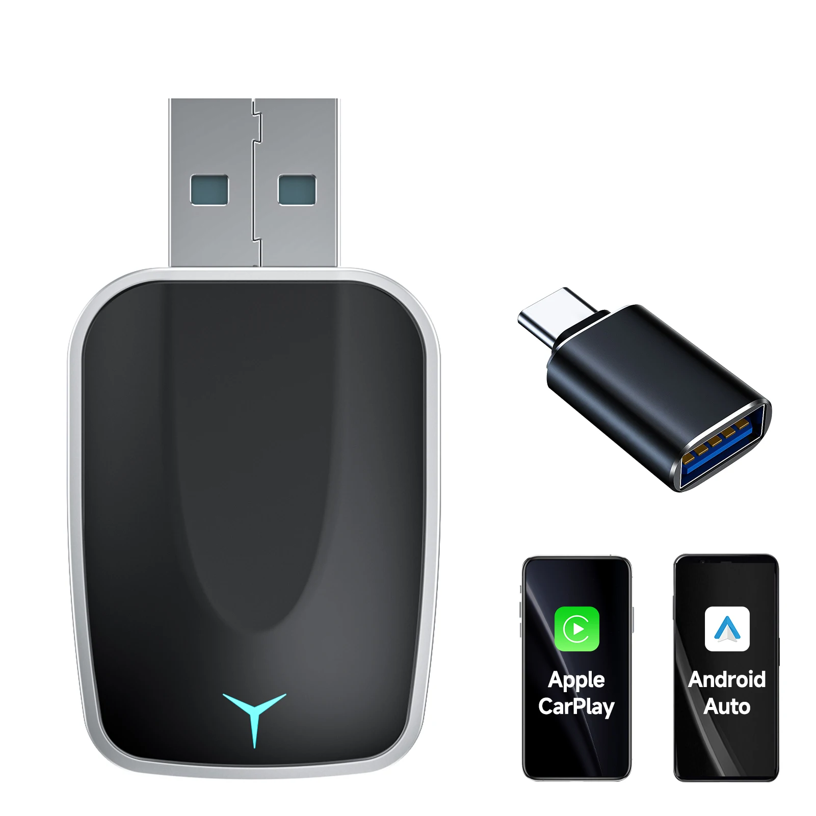 

Проводной адаптер CarPlay 2-в-1/беспроводной адаптер Android Auto Plug & Play с кабелями USB-A и USB-C — совместимость