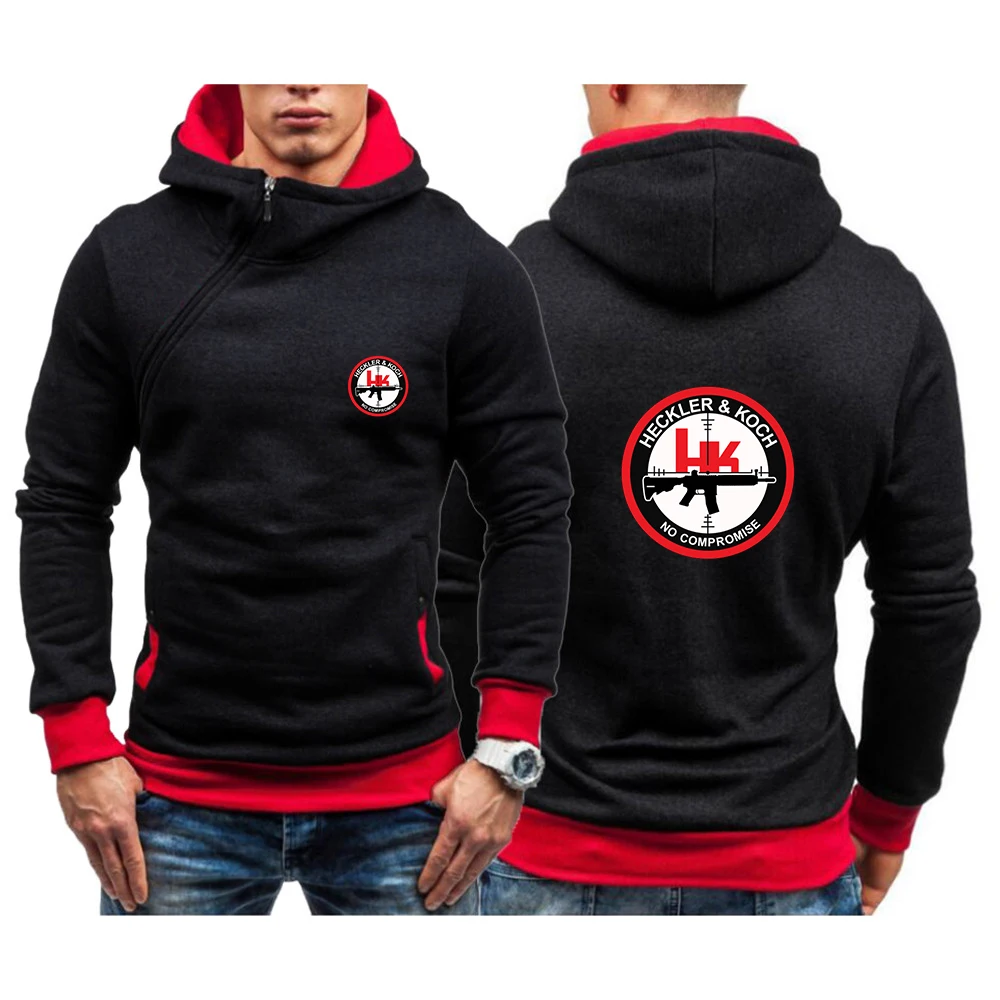 

Hk Heckler Koch No Compromise Mens New Spring Autumn Fashion Solid Color Diagonal Zipper Design Hoodie Sweatshirts Quality Brand