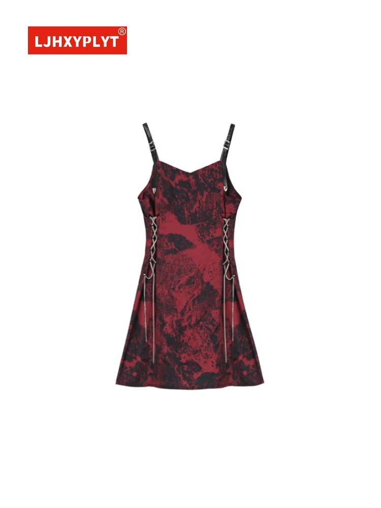 

Lace-up Waist Tie-dye Red Suspender Dress Women Summer New Dark Black Line Slim Thin Sexy Sleeveless Tube Top Short Skirt Female