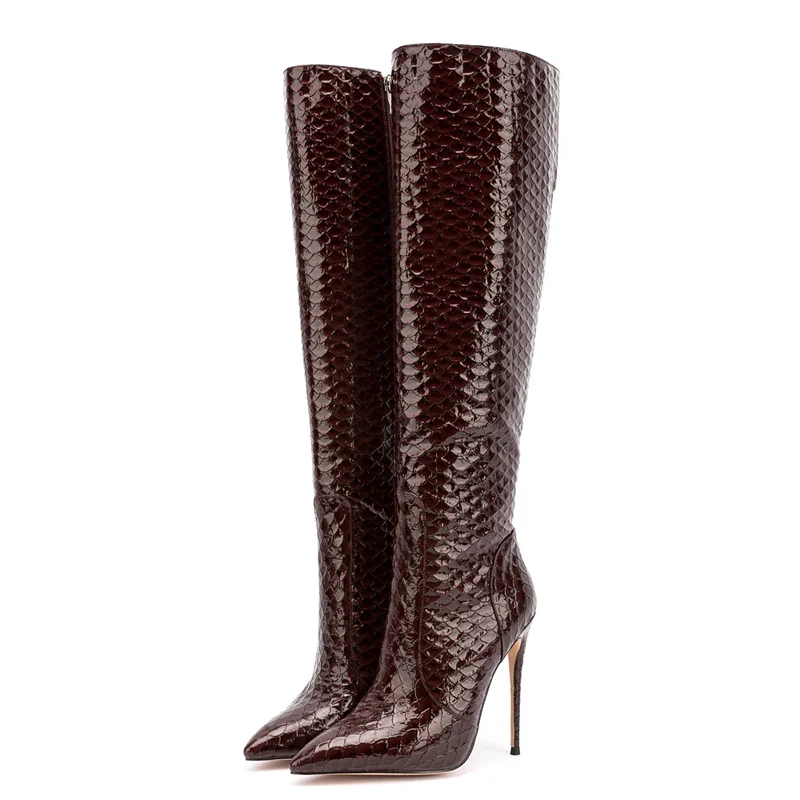 

Женские высокие сапоги на шпильке, однотонные привлекательные сапоги на высоком каблуке 12 см с острым носком и змеиным принтом, 2023