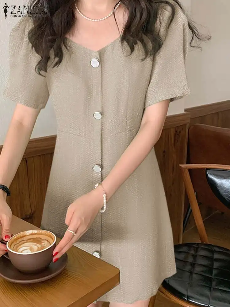 

ZANZEA Bohemian Casual Loose Elegant Holiday Vestidos Women Summer Solid Color Dress Short Sleeve Puff O-Neck Button Sundress
