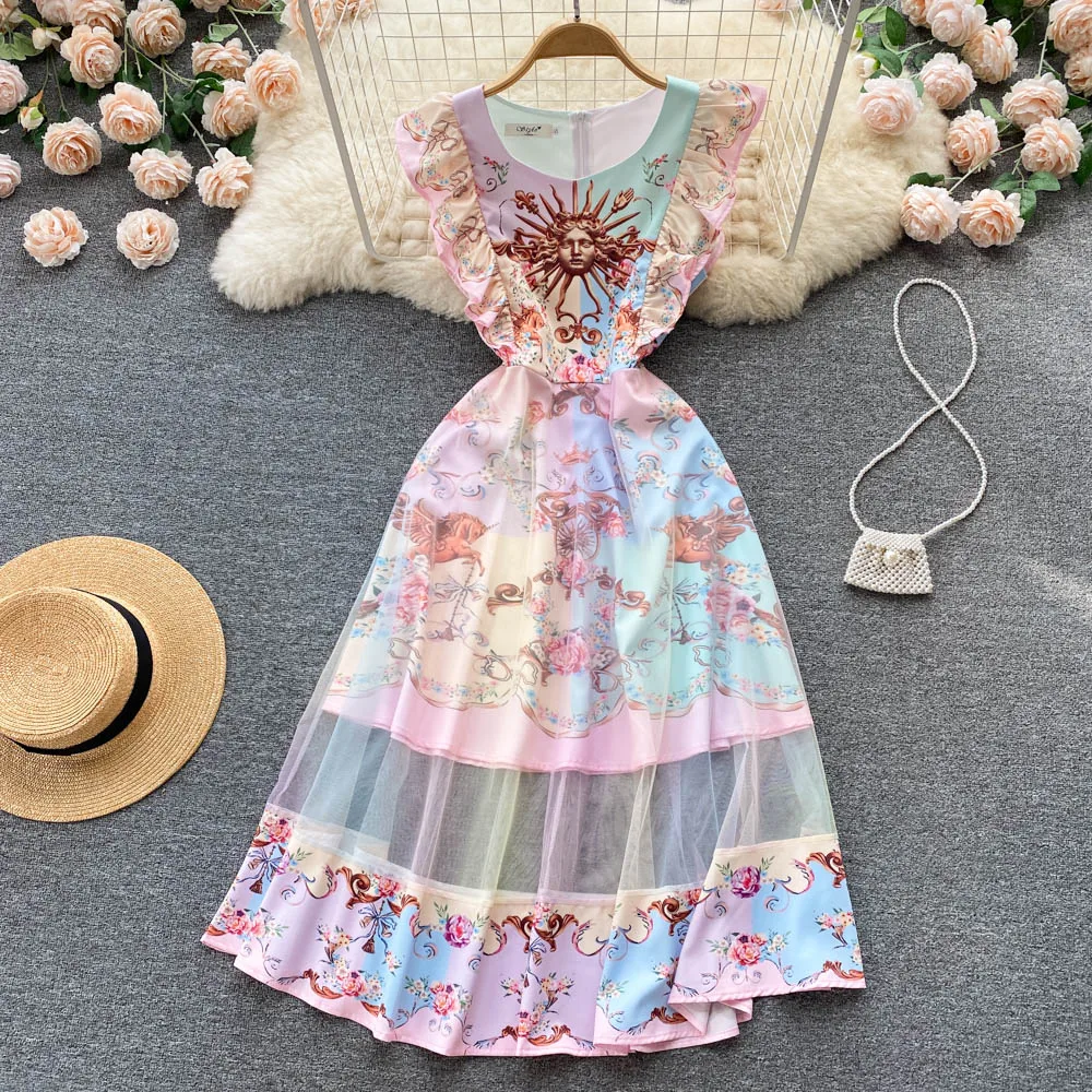 

Women's 2022 Summer New Fashion Round Neck Sleeveless Ruffle Thin Stitched Mesh Dress Party Elegant Clothes Vestidos G201