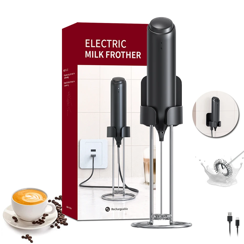 

Viboelos Rechargeable Electric Milk Frother with Wall-Mounted Charging Base Holder High Speeds Handheld Whisk Foamer for Coffee