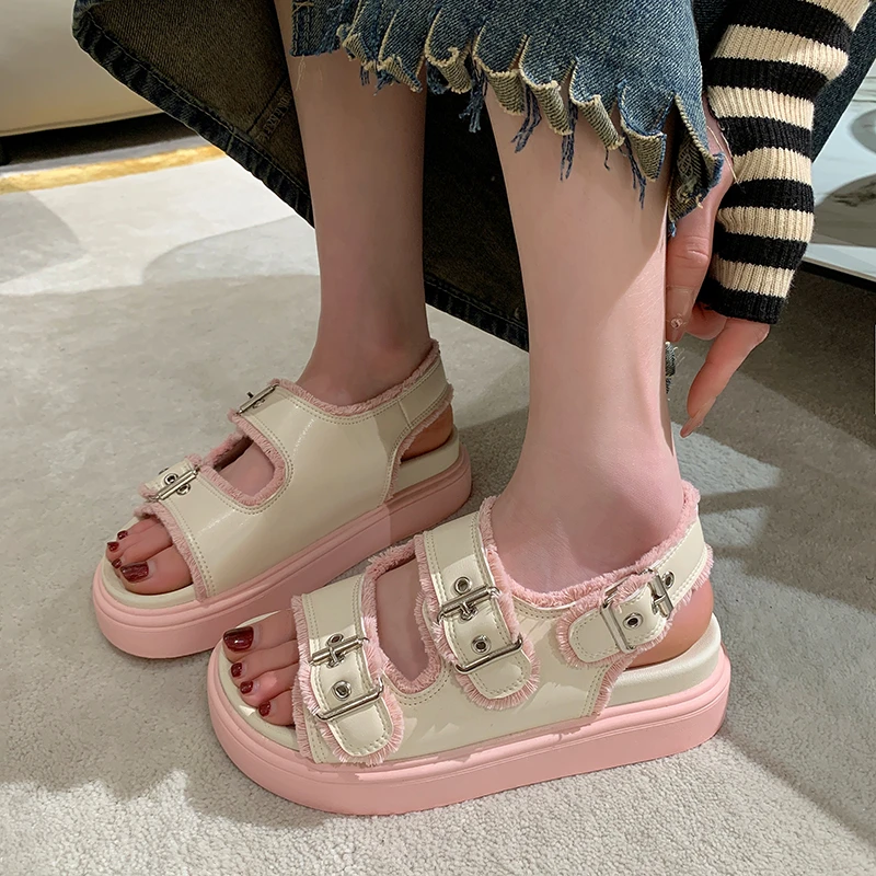 Genuine Leather Fashionable Raw Edge Buckle Sandals 2023 Summer New Thick Sole Leather Outwear Beach Shoes