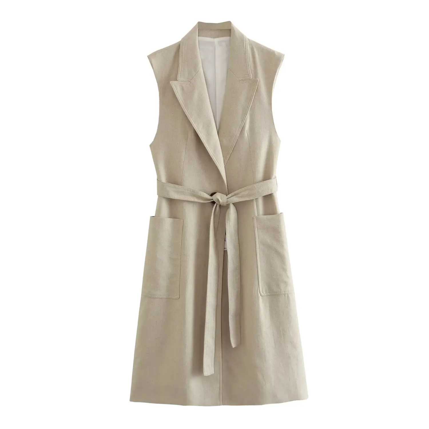 

Женский винтажный жилет на пуговицах, Длинный жилет из конопли и хлопка с поясом и V-образным вырезом, лето 2023