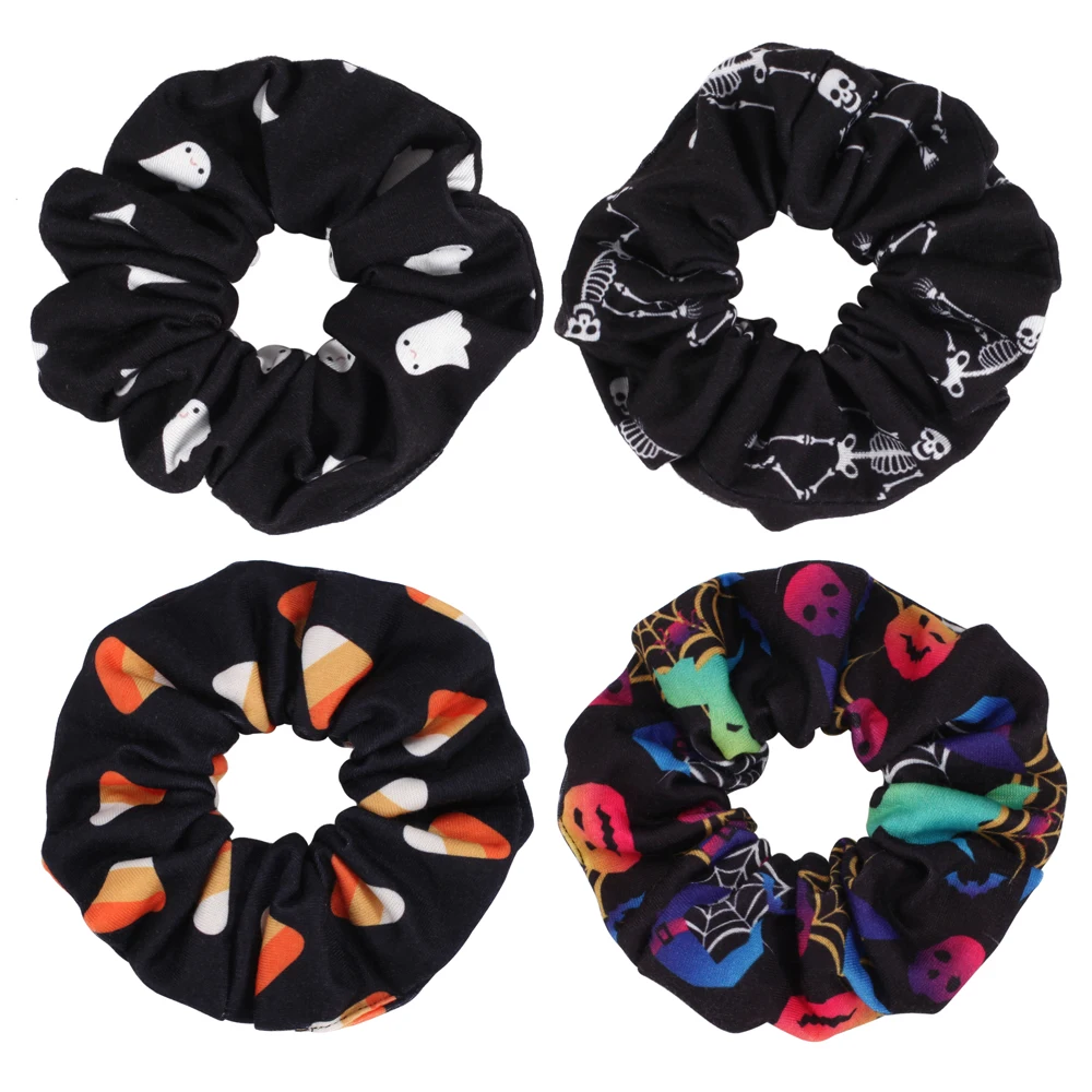 

ID：1005005578254225 Ghost Skull, Pumpkin, Spider Web, Bat Pattern Halloween Hair Scrunchies Hair Ties Band