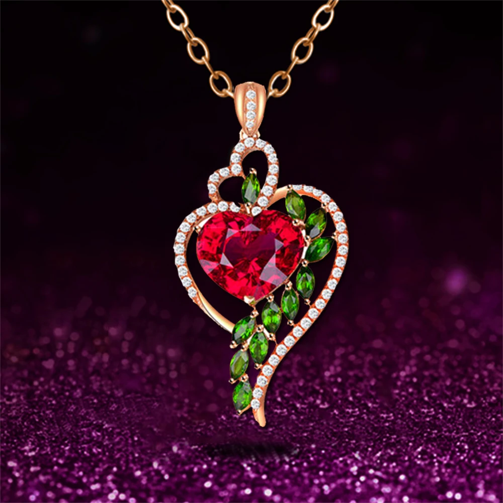 

Vintage Ruby Peach Heart Rose Gold Necklace Luxury Wedding Jewelry Green Zircon Pendant Necklaces for Women Bridal Jewelry