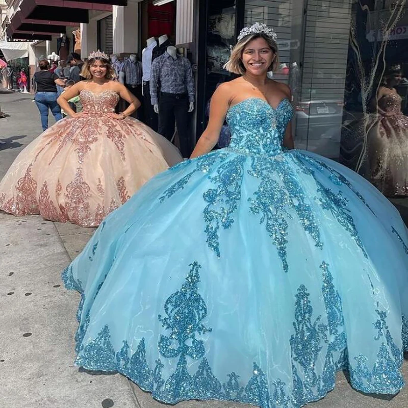 

Luxury Blue Rose Gold Quinceanera Dresses Charro Sweetheart Puffy Ball Gown Sweet 15 Year Old Dress 2022 Sequined Corset Prom