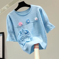 diamond flower short sleeve round neck t shirt 2022 summer knitted pullover ice silk thin sweater woman tee female t shirts top