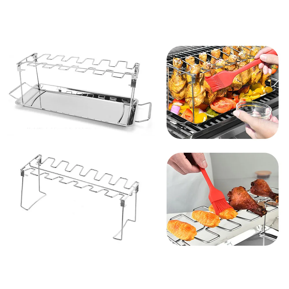 

BBQ Beef Chicken Leg Wing Grill 14 Slots Stainless Steel Metal Roaster Stand with Drip Pan Tools Barbecue Drumsticks Holder Rack