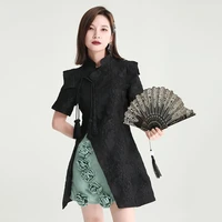 2022 high grade black new chinese style improved cheongsam dress womens dark pattern frog button dress summer
