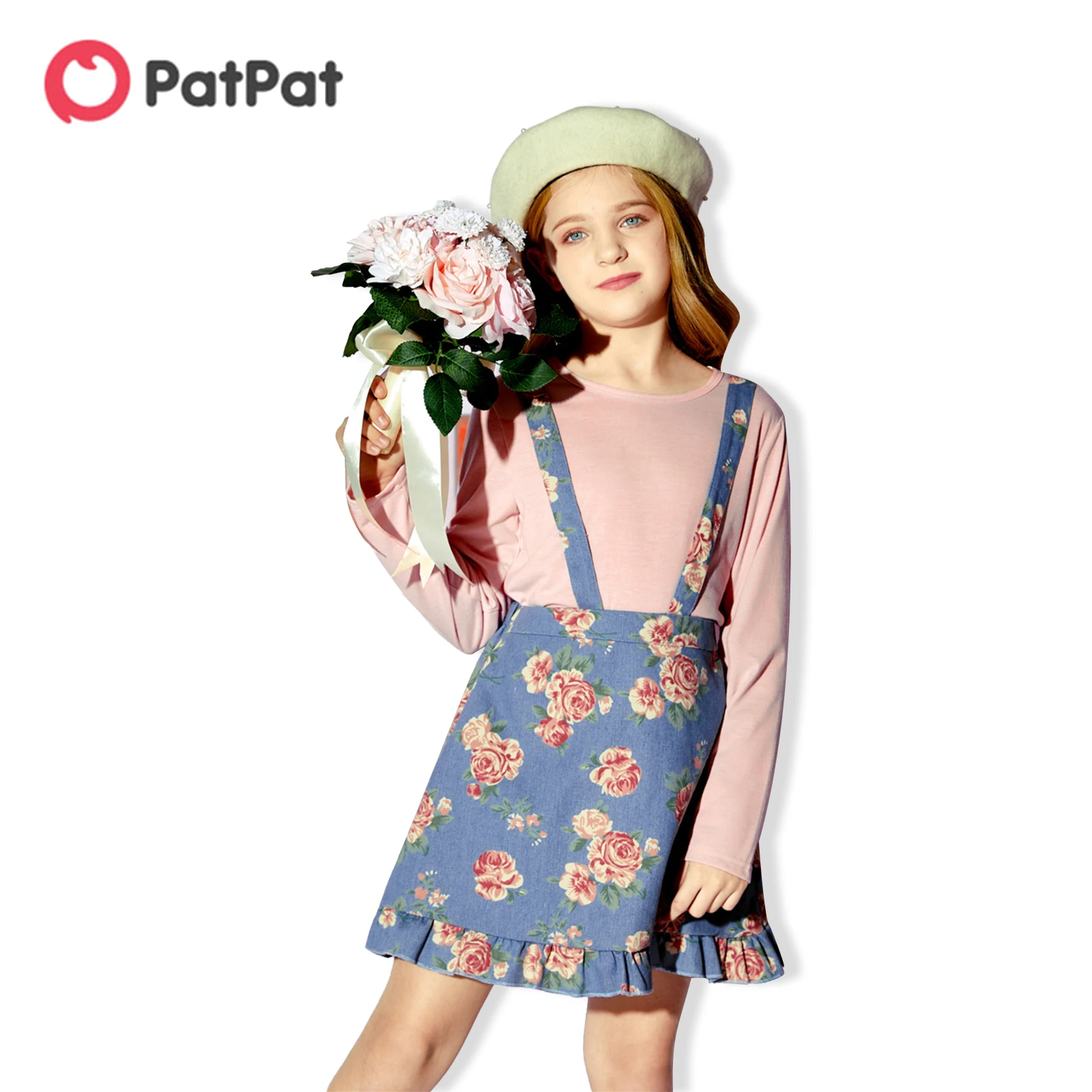 

Детская футболка с длинным рукавом и юбка на подтяжках с цветочным принтом