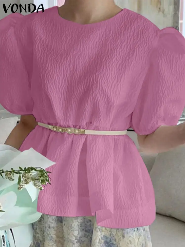 

VONDA Women Blouses Tops 2023 Fashion Summer Short Sleeve O Neck Casual Solid Color Shirts Elegant Ruffled Loose Blusas Feminina