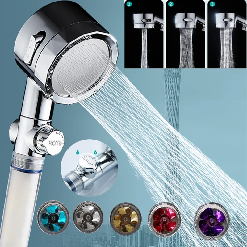 

3 Mode Turbo Shower Head Water Saving Flow Adjust with Small Fan Filter ABS Rain High Pressure Spray Nozzle Bathroom Accessories
