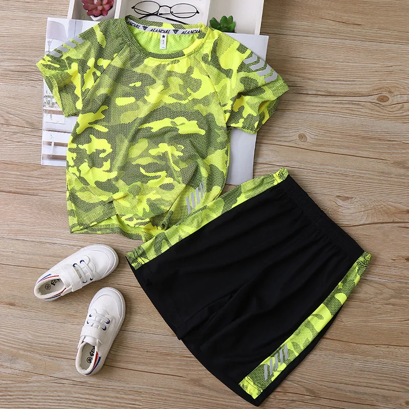 Летние уличные быстросохнущие камуфляжные детские комплекты из футболки и шорт