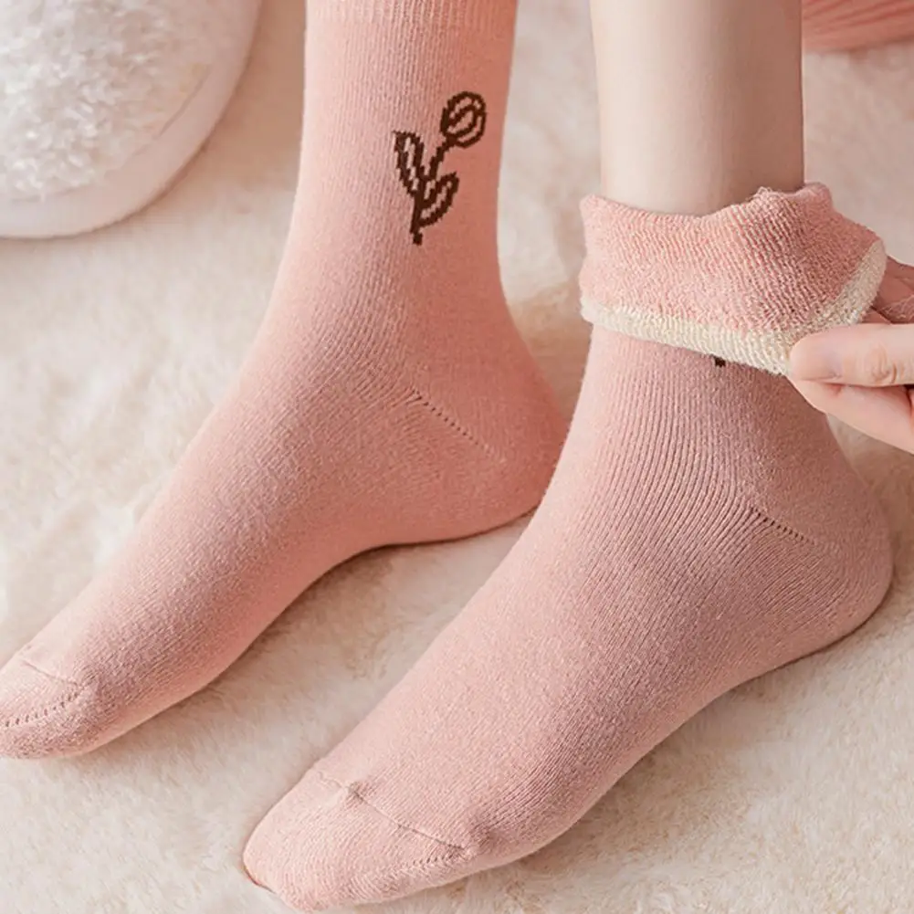 

1 Pair Mid-Tube Ribbed Cuffs High Elasticity Women Socks Winter Floral Print Thickened Fleece Lining Thermal Socks