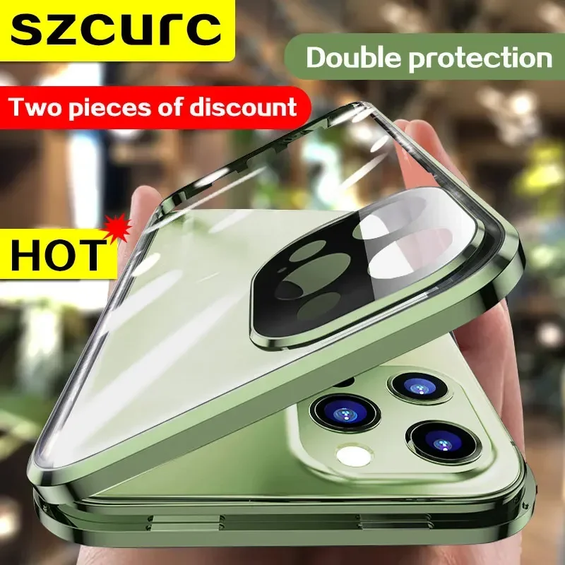 

Чехол для телефона iPhone 14 Pro max. iPhone 15 11 12 Mini 13 новый 360 ° полная защита закаленное магнитное адсорбционное стекло чехол