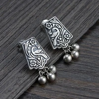 new vintage silver hand carved flower phoenix earrings for women personality ladies handmade hanging beads stud earrings