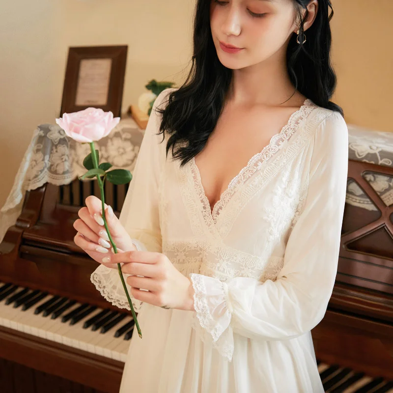 Long Sleeve Nightdress Women's Autumn Modal Cotton Sexy Pajamas Court Home Dress Embroidered Lace Princess
