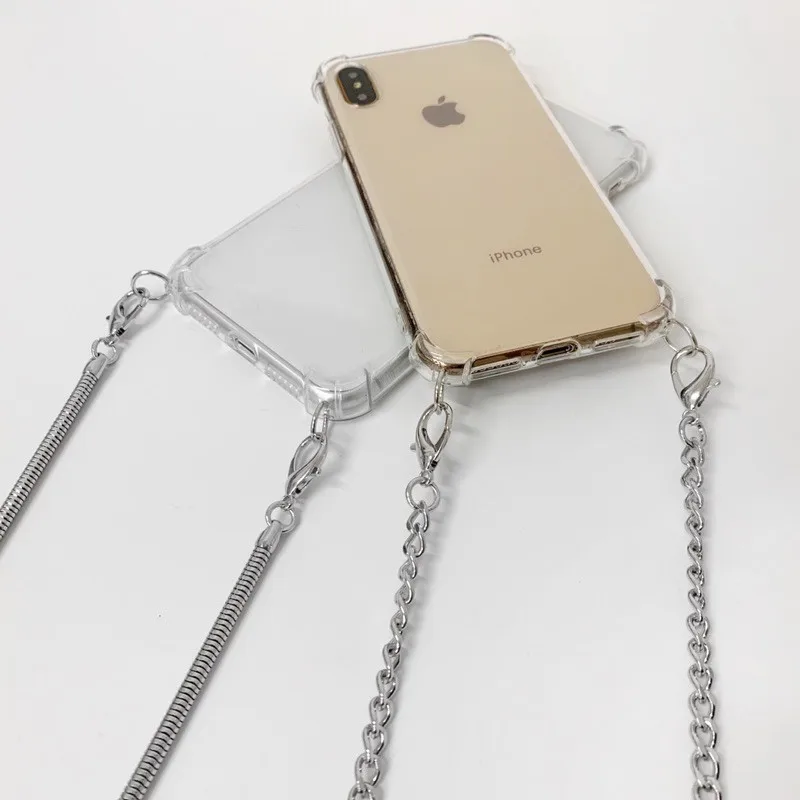 Transparent Strap Cord Metal Chain Tape Necklace Phone Cases For iPhone 12 7 8 6s 6 Plus 11 Pro X XR XS Max SE 2020 Cover funda