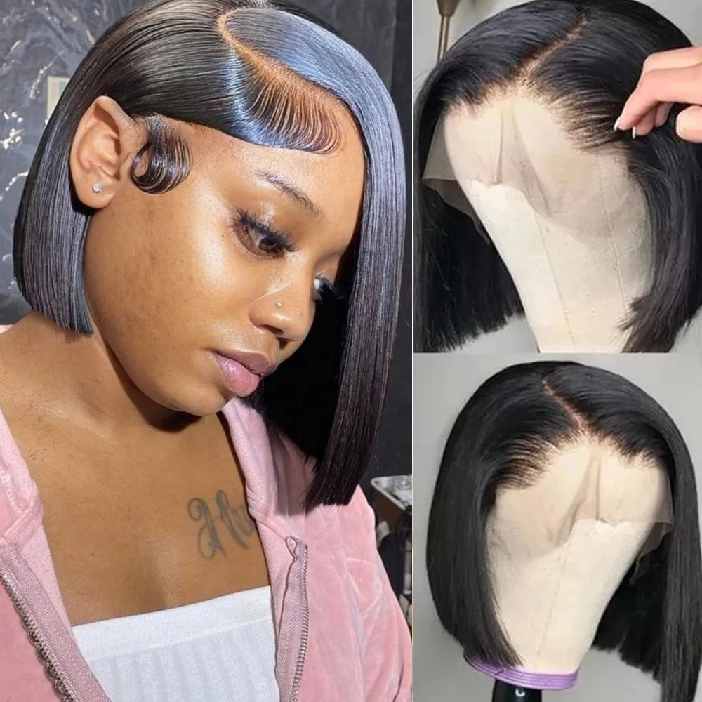 

Short Bob Lace Front Human Hair Wigs Straight 13x4 Transparent Lace Frontal Wig Pre Plucked Bleached Knots For Women Lace Wig