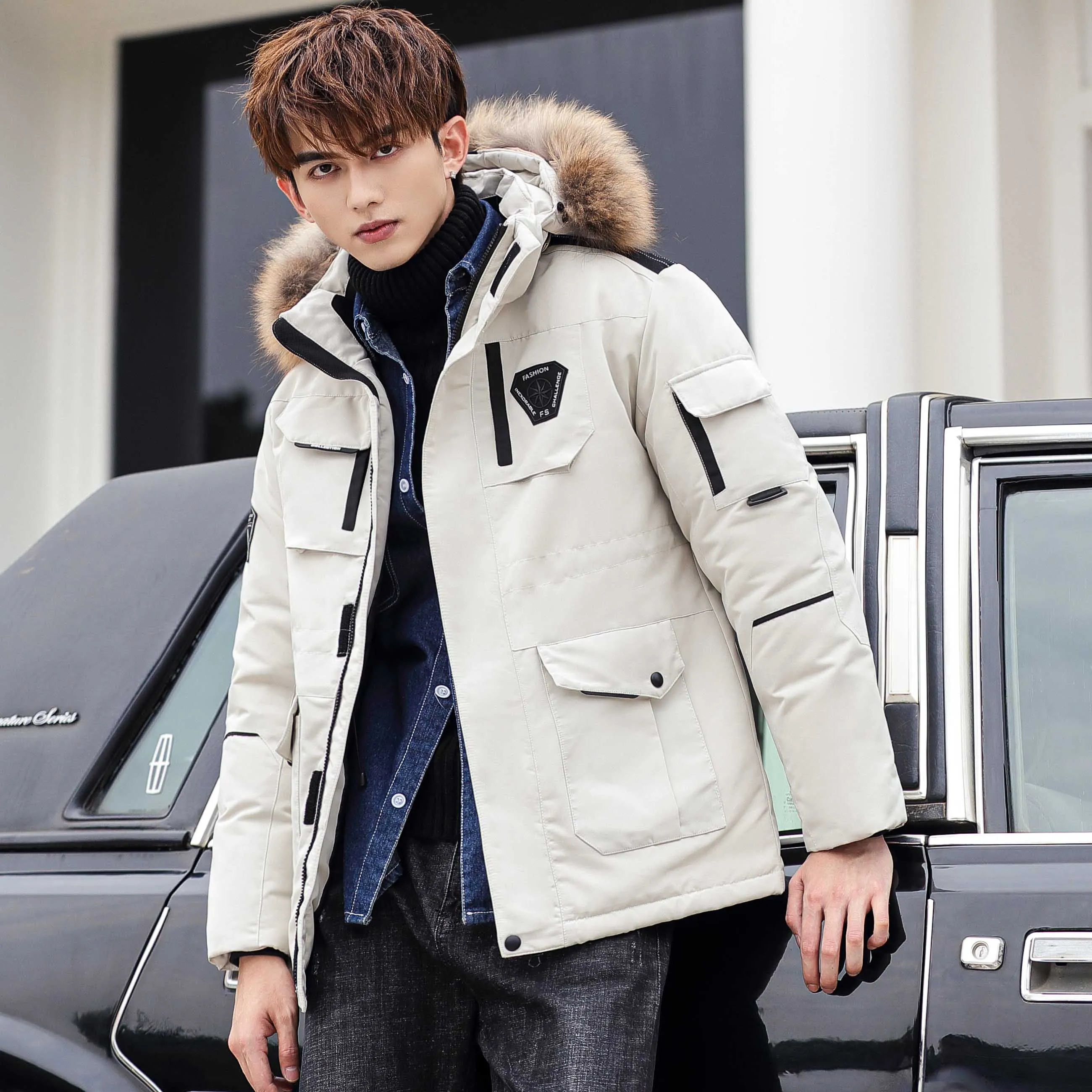 Men's fashion casual plus velvet thickened hooded down jacket duck down removable cap three-color optional duck down jacket