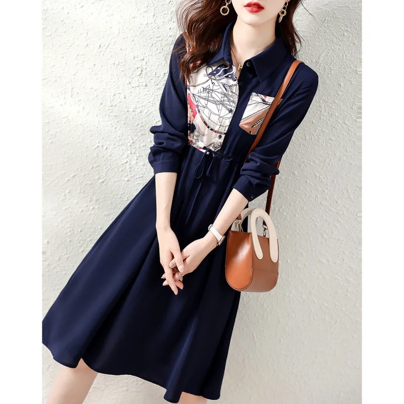 

Autumn Women Dress 2022 New Fashion Elegant Turn Collar Long Sleeve Draw String Pullover Patchwork Office Lady Dresses