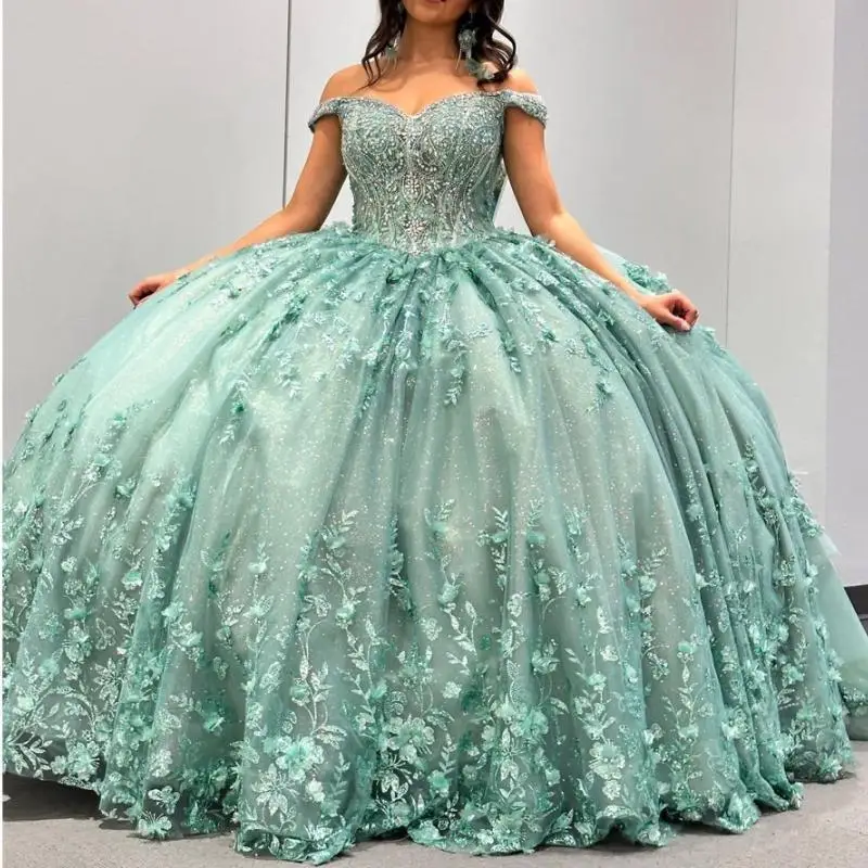Мятно-зеленое платье с открытыми плечами 3D Quinceanera бальное цветами и аппликацией