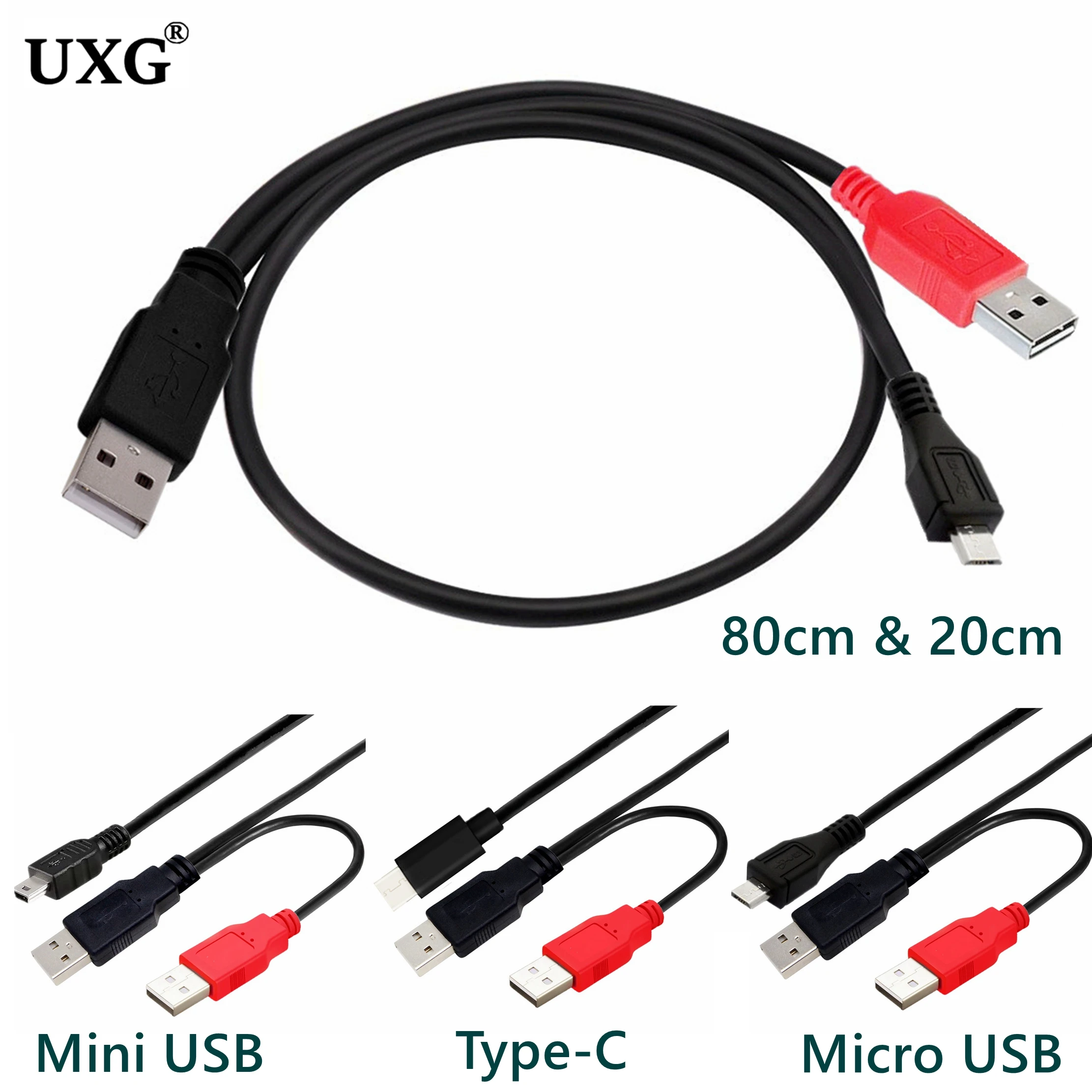 2 In 1 USB Double A Type C Male To Mini Micro USB-C USB 5 Pin Male Y Cable For 2.5" Hard Disk Drive HDD Date Printer Scanner