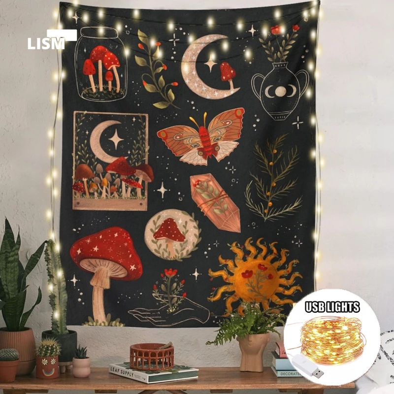 

Specimen Illustrative Reference Chart Tapestry Vintage Mushroom Cactus and Flower Tapestries Colorful Butterfly Wall Dorm Decor