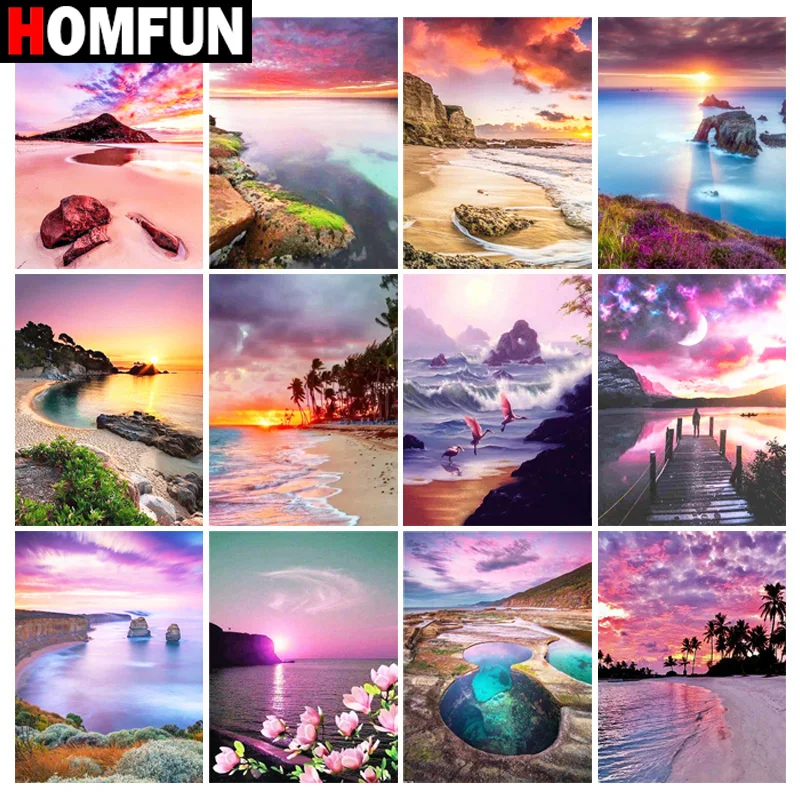 

Алмазная живопись HOMFUN «закат на пляже», картина из квадратных и круглых страз, 5D Вышивка крестиком, украшение для дома, «сделай сам»