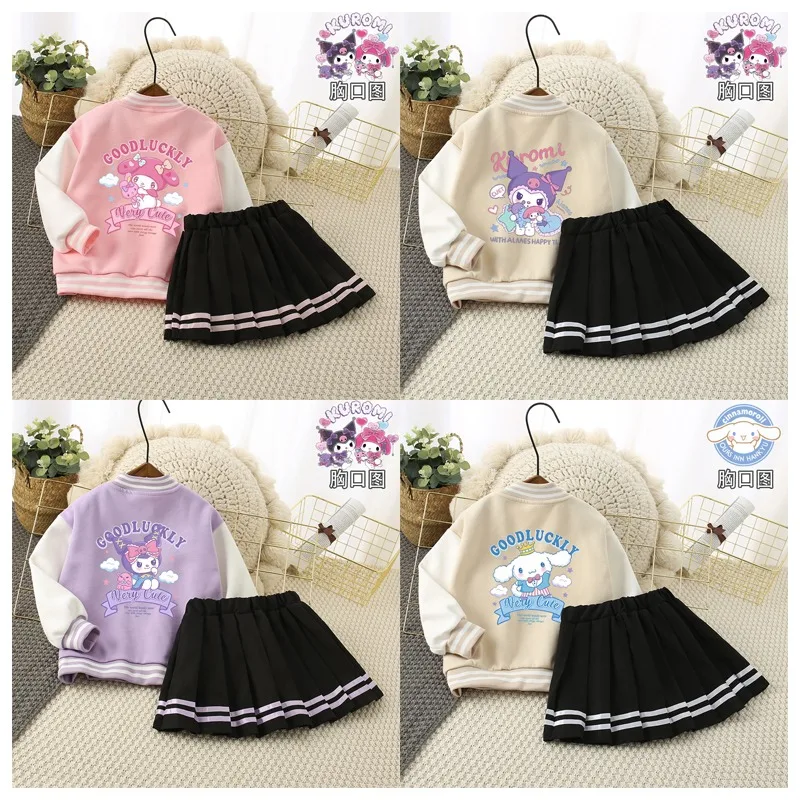 

Sanrioed My Melody Cinnamoroll Kuromi Children's JK Uniform Set Kawaii Loose Casual Baseball Jacket Pleated Skirt Kids Clothing