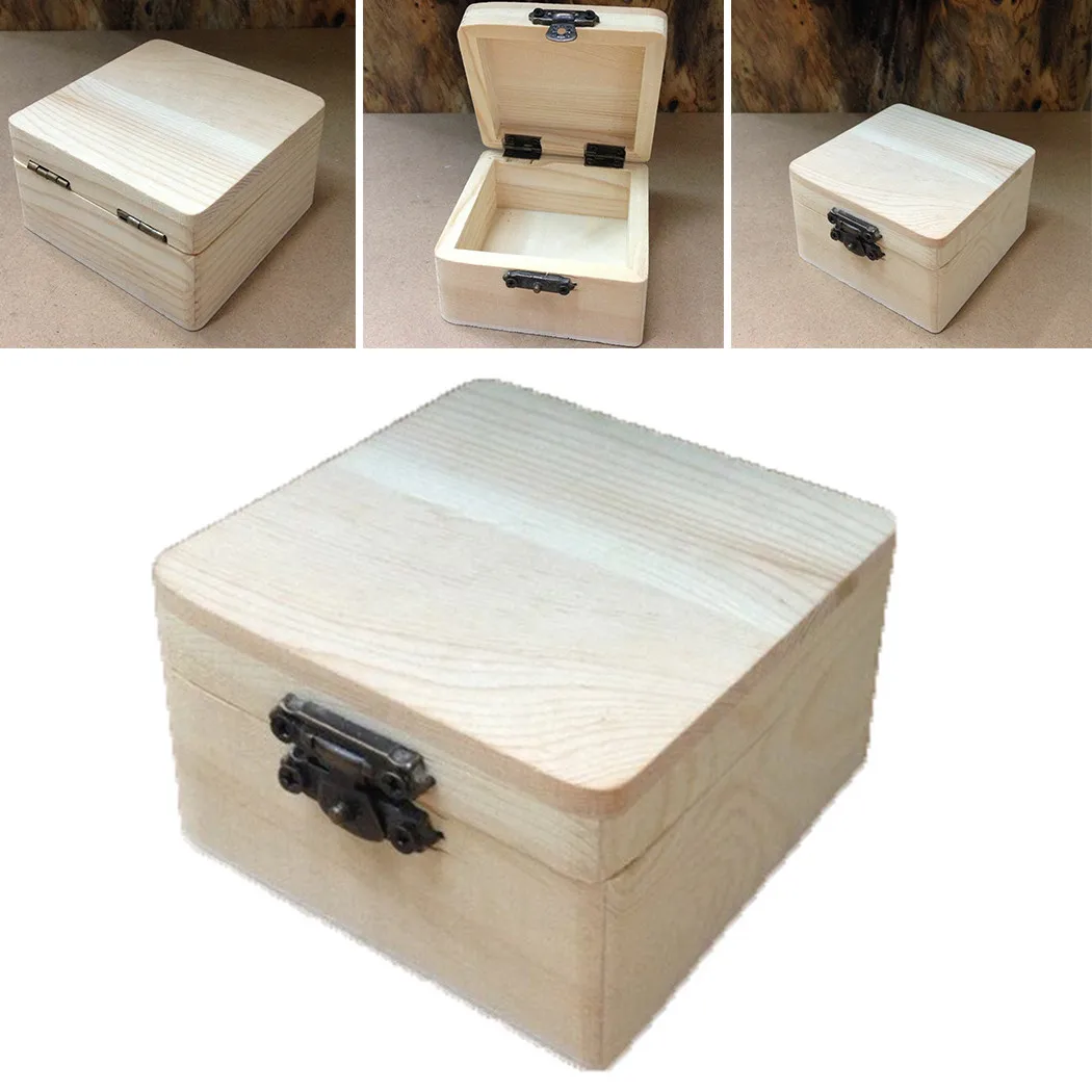 Natural Wooden Box With Hinged Lock Catch For Necklace Jewelry Sundries Organizer Container Gift Packing Storage Case Box