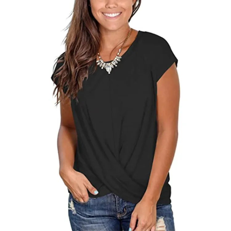 

2022 women's new round neck solid color kink short-sleeved T-shirt women