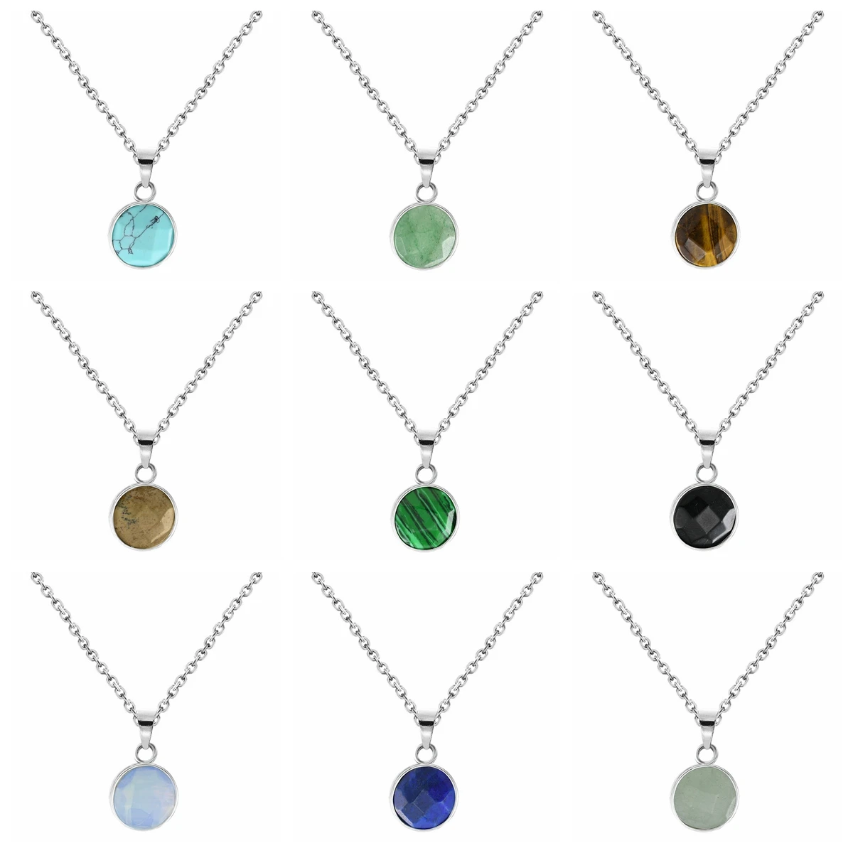 

Silver Round Gemstone Pendant Necklace for Women Girl Healing Chakra Crystal Spiritual Energy Reiki Balancing Choker Jewelry