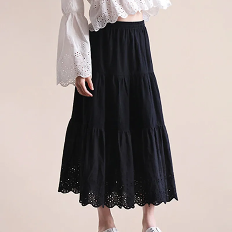 

8 to 16 years kids girls summer black eyelet lace trim maxi long skirt children girl fashion cotton casual flare skirt clothing