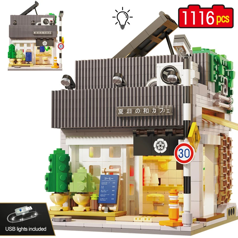 1116 Pcs Summer City LED Light Restaurant Japanese Coffee House Building Blocks Architecture Shop Figures Bricks Toys For Kids