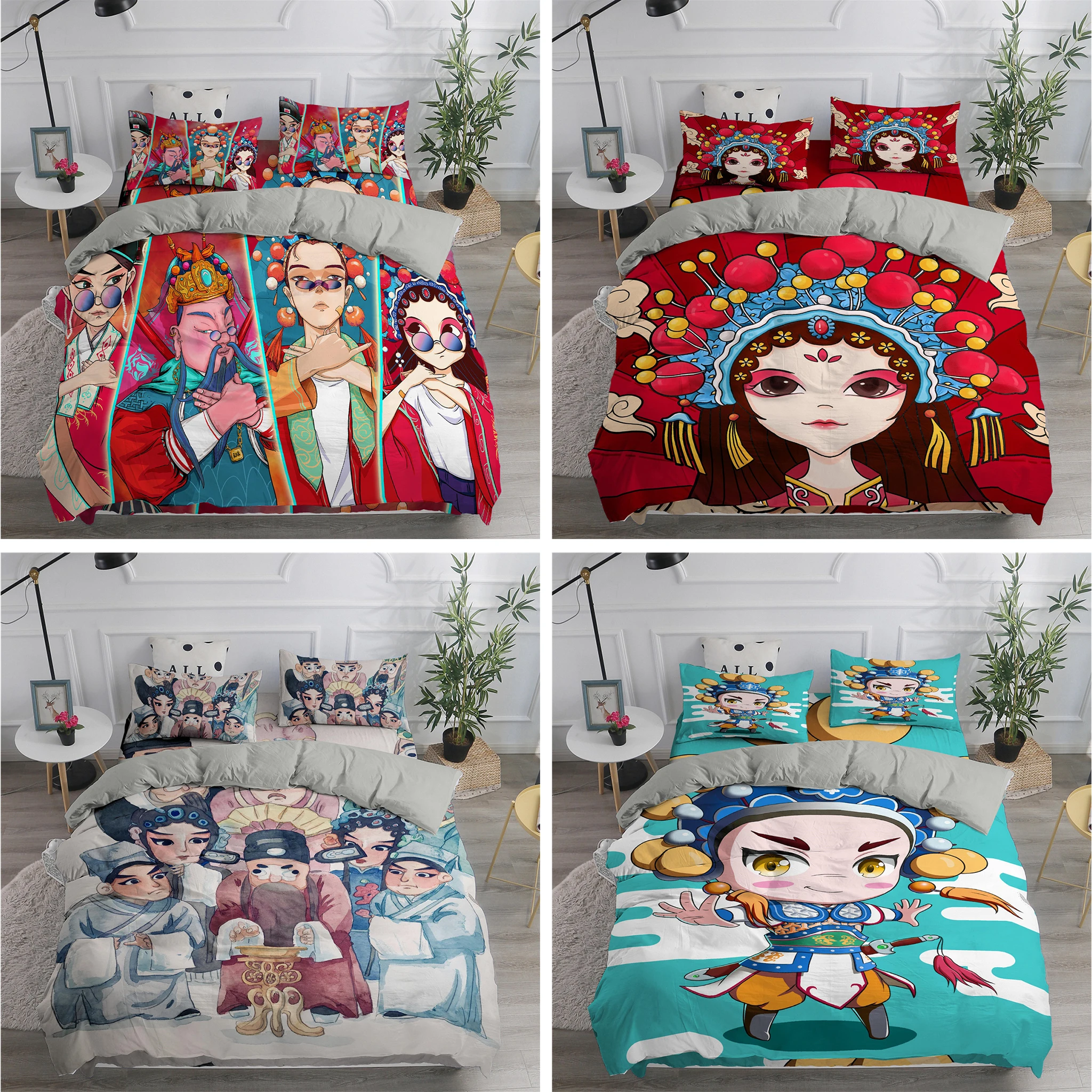 

Peking Opera Duvet Cover Set King/Queen Size,Chinese Traditional Opera Culture Combined with The Theme of Modern Art Quilt Cover