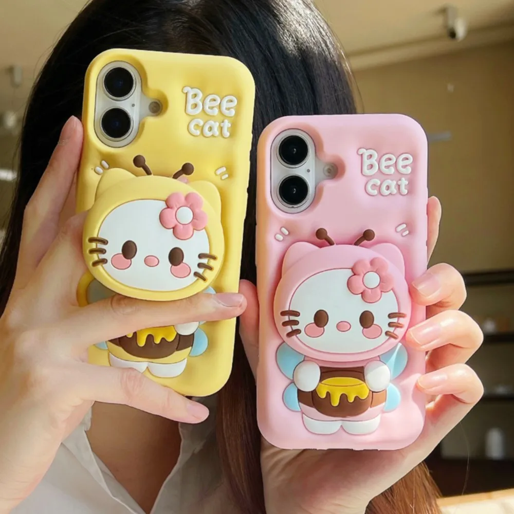 Для iPhone 15 12 Pro 16 13 14 Max Plus 11 XR 3D Bee Hello Kitty Face Grip Tok Holder Мультяшный силиконовый мягкий