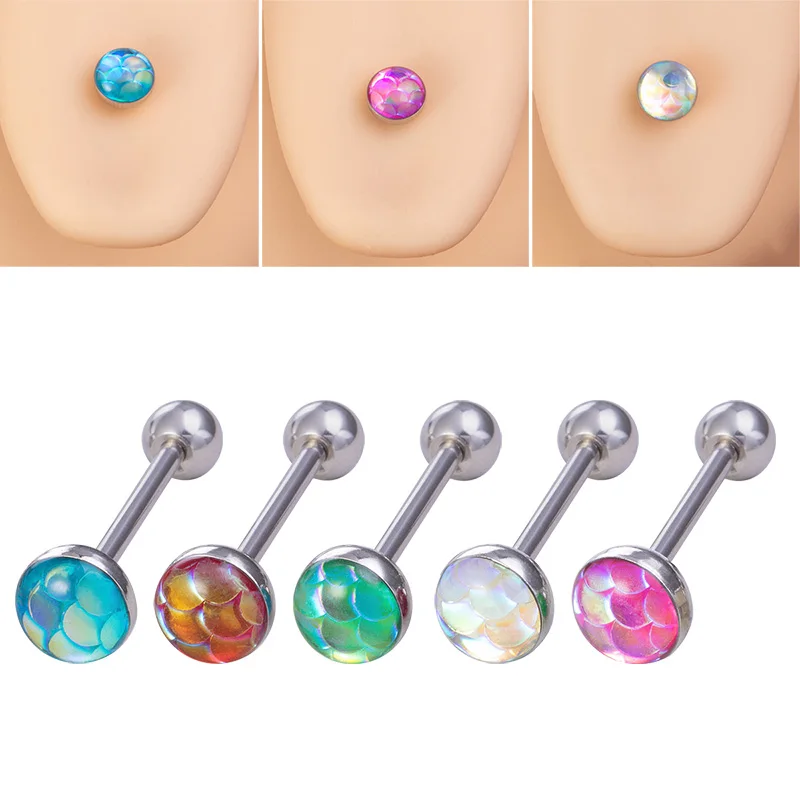 

1pc Colorful Scale Tongue Ring Shining Tongue Piercing Stainless Steel Bar Barbell Stud for Women Men Punk Body Piercing Jewelry