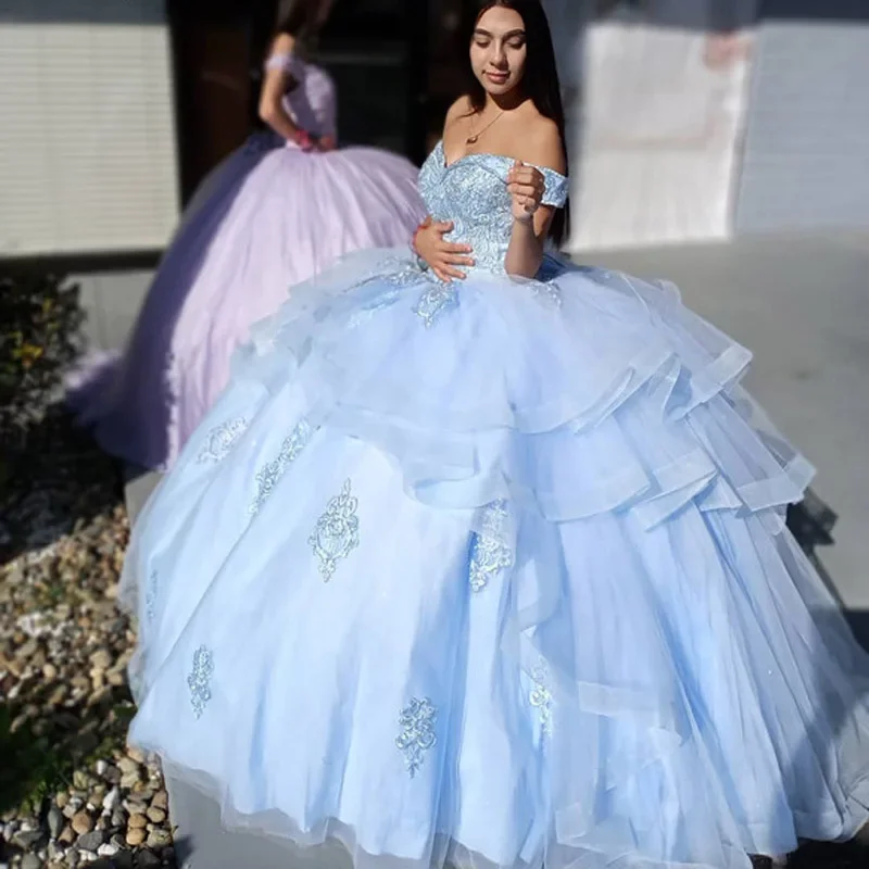 

Light Blue Tiered Ball Gown 15 Year Old Dress For Young Quinceanera Dresses Off Shoulder Birthday Party Dress