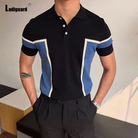 2022 short sleeve men fashion polo shirts plus size model stripes t shirt button fly tops male streetwear lepal collar pullovers